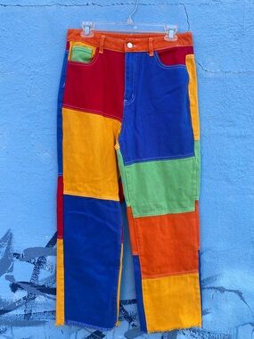 Color block rainbow multicolored jeans, high rise, kidcore, size Large
